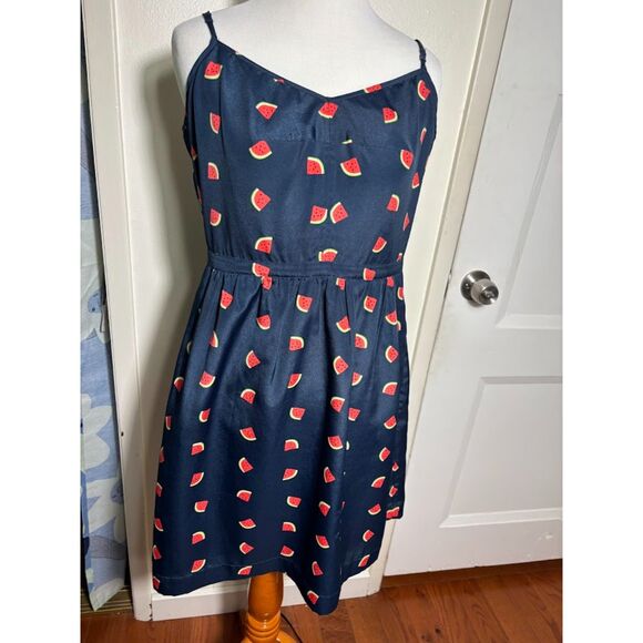 J Crew Watermelon Print Mini Dress sz 8 Sundress Navy Red Novelty Twee Teacher - Picture 3 of 4